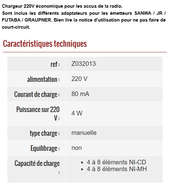 descriptif Chargeur Nimh TX et RX - MHD